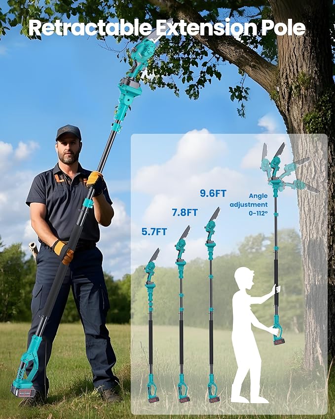 Electric Pole Saws for Tree Trimming, 2x4000mAh Brushless Mini Chainsaw Cordless with Extension Pole, Battery Powered Hand Held Chain Saw Pole Pruner for Cutting Tree Limbs, Gifts for Father's Day