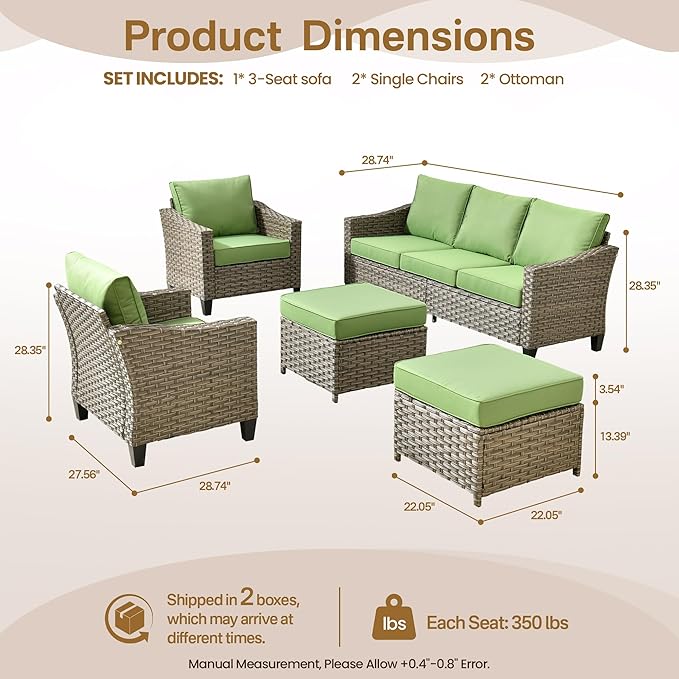 5 Pcs Patio Conversation Set for 7 Seats, Rattan Wicker Outdoor Patio Furniture Set, 2 x Single Chair, 2 x Ottoman, 3-Seat Sofa for Lawn Garden Backyard(Green)