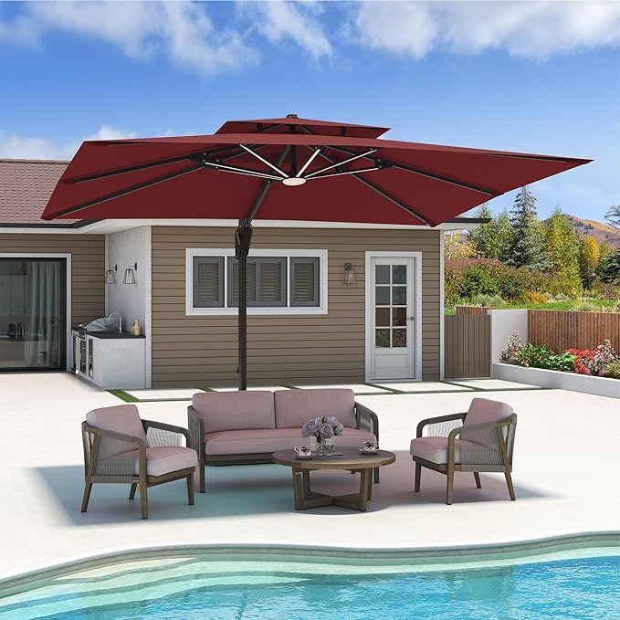 10x13 FT Cantilever Patio Umbrella with Base and Led Lights Double Top Outdoor Rectangular Large Heavy Duty Aluminum Offset Umbrellas with 7 Level Tilt 360-degree Rotation for Pool Garden Deck, Wine Red
