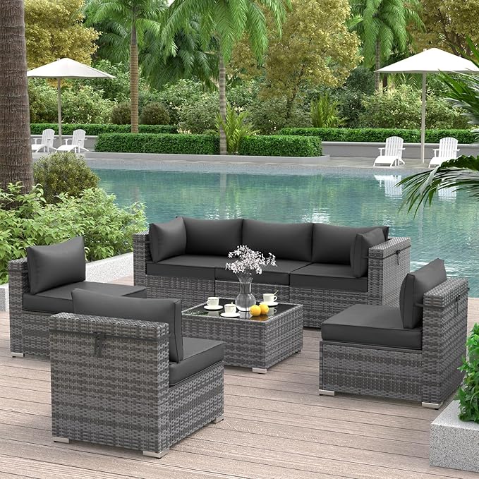 Outdoor Patio Furniture Set 7 Pieces Sectional Rattan Sofa Set, PE Wicker Patio Conversation Set with 6 Seat Cushions and 1 Tempered Glass Table and Furniture Cover, Black