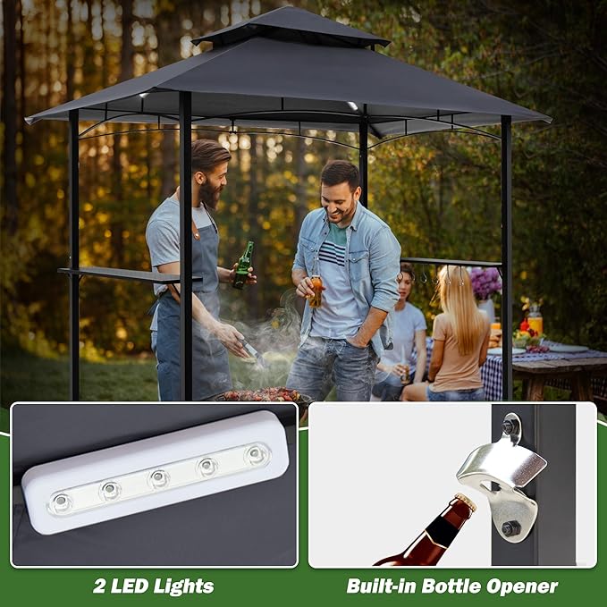 GARTOO 8'x5' Outdoor Grill Gazebo - Double Roof BBQ Gazebo Canopy with 2 Side Shelves and LED Lights, Patio BBQ Pergola Shelter for Garden, Porch and Backyard (Grey)