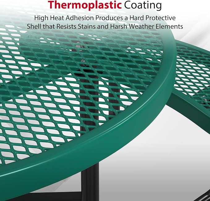 Leisure Craft Metal Picnic Table with Bench - 46" Round Outdoor Dining Table with Umbrella Hole, Heavy Duty Thermoplastic Coating, ADA Compliant, Commercial Grade Furniture Made in USA - Green