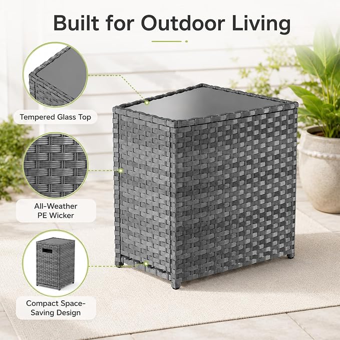 Restland Outdoor Wicker Table - Grey Rattan Coffee Table with Tempered Glass Top & Storage Cabinet, Multi-Functional End Table for Patio, Deck, Porch, 300LBS Load Bearing