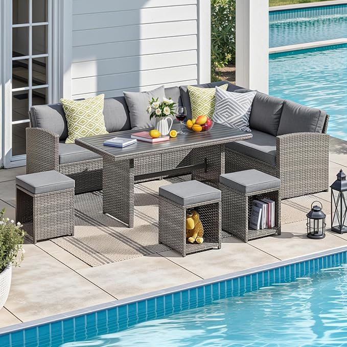 JOIVI Outdoor Patio Furniture Set, 7 Piece Patio Dining Sofa Set, Outdoor Sectional Couch Conversation Set All Weather Wicker Rattan Aluminum Desktop Dining Table & Chair with Ottomans, Gray Cushion