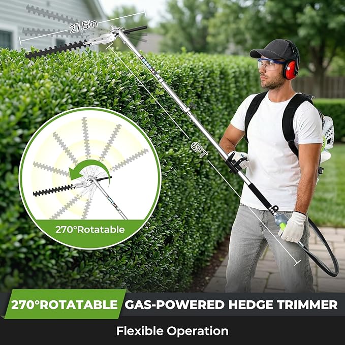 6-IN-1 Multi-Functional Weed Wacker Gas Powered, 52CC 2-Stroke Backpack Gas Powered Weed Eater String Trimmer, Pole Saw, Hedge Trimmer, Brush Cutter Blade, Safety Lock&Shoulder Strap for Lawn Trimming
