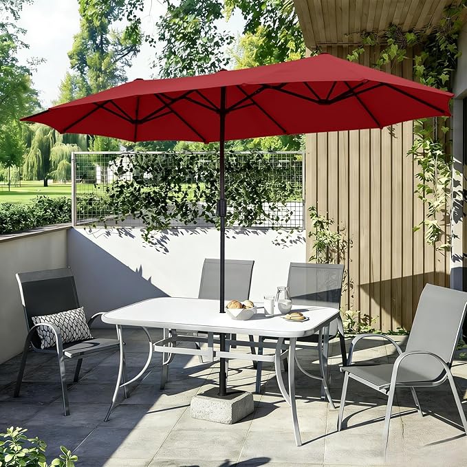 13 ft Patio Umbrella, Large Rectangle Outdoor Umbrella with Strap, Crank, Red