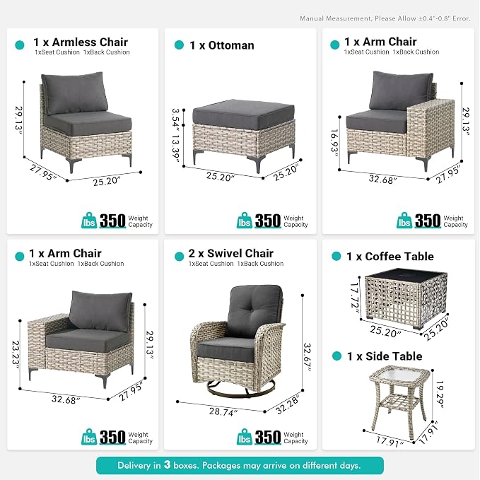 8 Pcs Patio Outdoor Furniture Set - All Weather Wicker Outdoor Sectional Sofa Couch with Swivel Rocking Chairs and Coffee Table,Patio Modular Rattan Conversation Set for Garden Deck Yard,Black