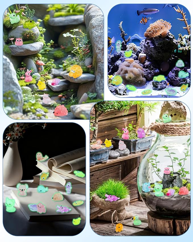 FIVEIZERO 102PCS Luminous Mini Resin Ocean Animals Bulk - 15 Styles Glow in The Dark Plastic Tiny Sea Creatures for Dollhouse, Fairy Garden, Aquarium, Party Favors & DIY Craft Decor