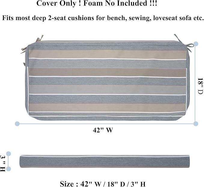 FUNHOME Outdoor Cushion Covers,42" x 18" x 3", No Insert! Patio Cushion Covers Replacement for Outdoor Furniture,Water Resistant Patio Bench Loveseat Covers 1 Pack, Grey Stripe(Covers ONLY)