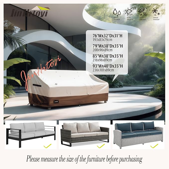 JinHrtoyi 3-Seater Outdoor Couch Cover, 93Wx40Dx35H inches Outdoor Furniture Covers Waterproof,100% Waterproof Heavy Duty Patio Furniture Covers,Beige&Brown Modern Style Outdoor Sofa Cover