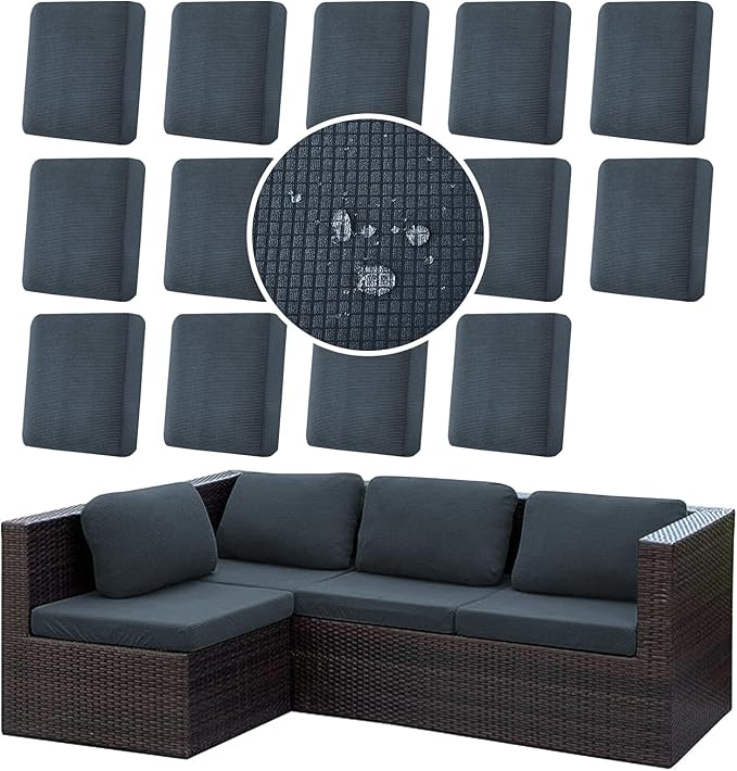CALBODE 14Pcs Stretch Couch Cushion Covers, Water Resistant Outdoor Sofa Cuhsion Cover Replacement,Washable Outdoor Patio Chair Seat Cushion Covers for Furniture Protect (Charcoal Gray, Grid Textured)