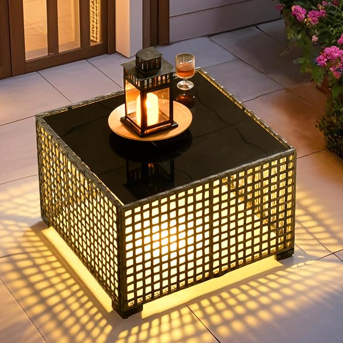 ovios Outdoor Side Table with Tempered Glass Top, Patio Wicker Solar Table, Rattan Bistro End Table for Porch Deck Balcony Garden Poolside, Grey
