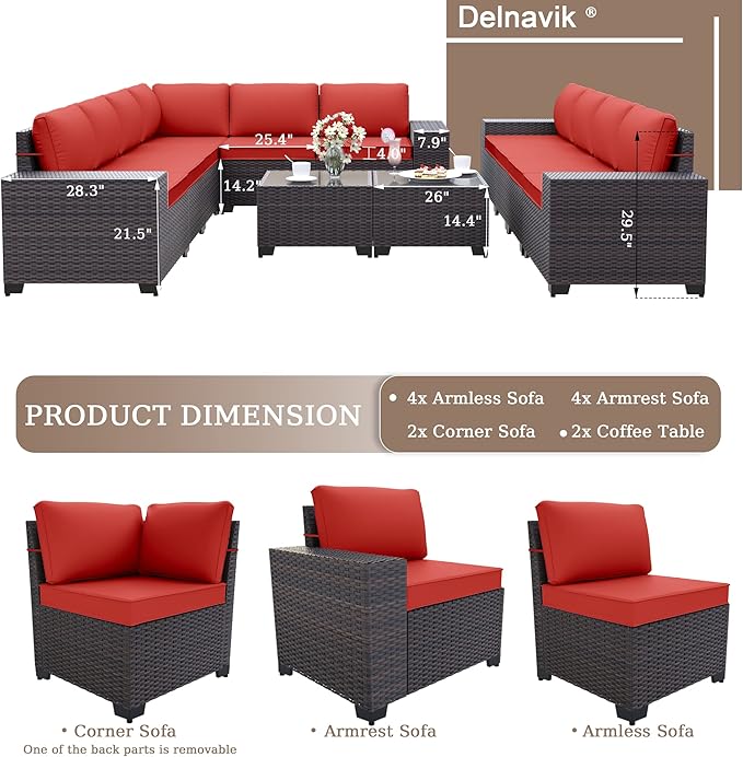 Patio Furniture Set Sofa 12-Pieces Wicker Sectional Sofa Set, Outdoor Furniture Rattan Patio Conversation Set with Thickened Cushions and Glass Coffee Table, Red