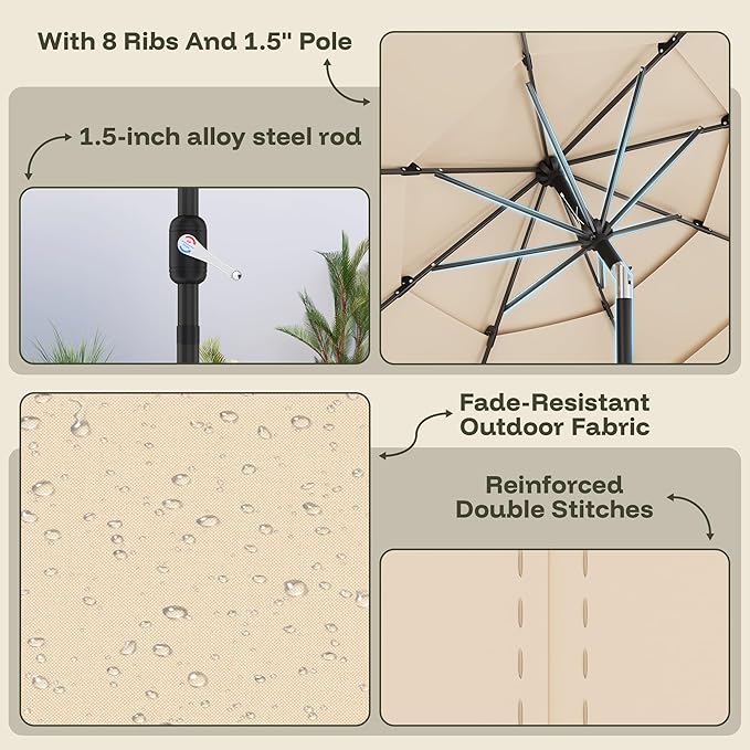 GDPFN 10FT Patio Table Umbrella Outdoor, 3 Tier Tilting Vented Windproof Market Umbrella for Outside, Outdoor Sun Shade for Inside of Pool, Deck, Backyard, Garden, Beige (No Base)