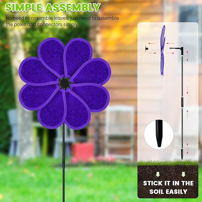 4PCS 11.4" W x 28" H Reflective Pinwheels Sparkly Lawn Wind Spinners Colorful Rainbow Windmill for Garden Decoration Bird Devices Deterrent to Scare Birds Away（Purple）