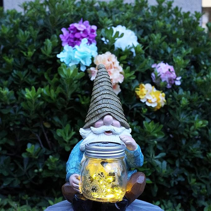 Solar Firefly Jar Gnome Waterproof, Mother's Day,Birthday Housewarming Gifts for Mom Women,Large Garden Gnome Funny Solar Outdoor LED Lights Resin Statues 10.6" Lantern Figurines Decorations