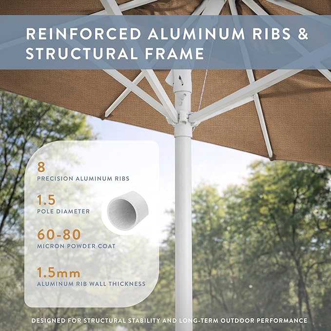 California Umbrella 12-Year Protection 9-Ft Outdoor Patio Umbrella, Sunbrella Fade-Resistant Fabric, Auto-Tilt, Heavy Duty Aluminum Frame, 8 Reinforced Ribs for Pool or Deck, White Pole, Linen Sesame