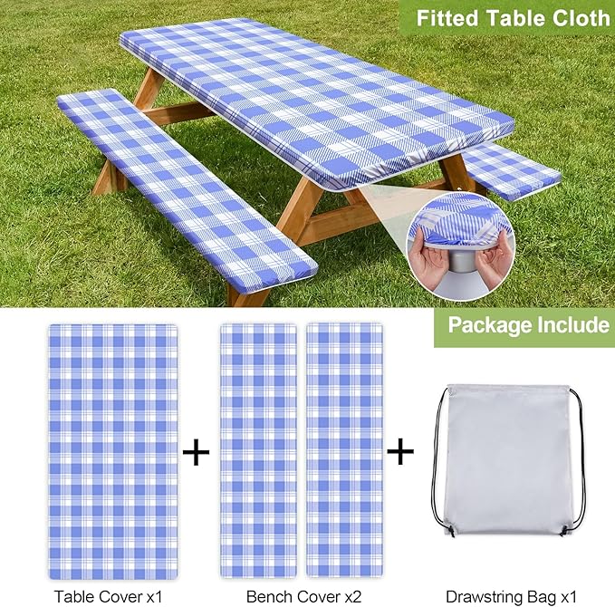 Picnic Table Cover with Bench Covers Camping Essentials Waterproof Windproof Camping Tablecloth with Drawstring Bag, Fitted Rectangle Tables and Seats, 60in, Light Blue Checkered