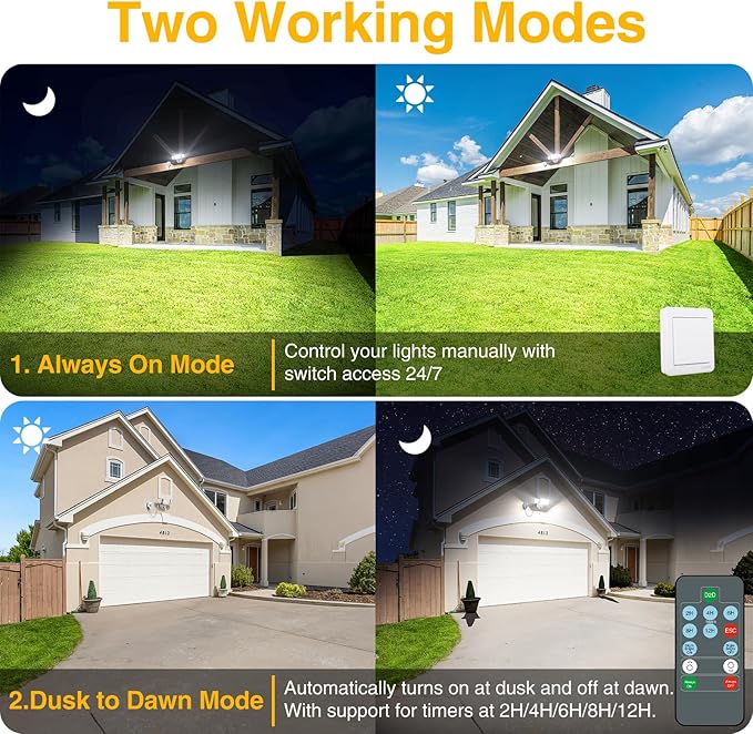Onforu 80W Dusk to Dawn Outdoor Lighting,Plug in LED Flood Lights,White Outdoor Lights with Remote,8000LM Security Light,IP66 Waterproof Lighting,2Modes 3 Adjustable Heads Light for Garage Yard
