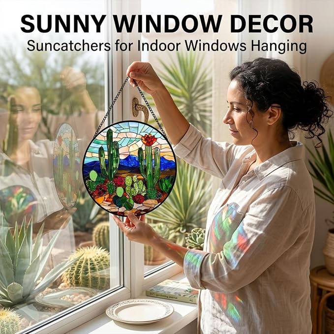 Birthday Gifts for Women - Cactus Flower Fairy Faux Stained Glass Window Hanging Sun Catcher for Door Garden Acrylic Home Decor Mother's Day for Mom Nana Friend Grandma Wife 9.8"