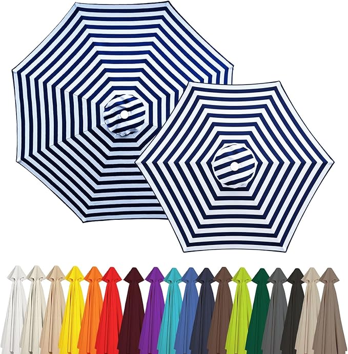 Outdoor Umbrella Replacement Canopy, 6 Ribs 8 Ribs Patio Umbrella Replacement Top Cover, 6.6ft 9 ft 10ft 13ft Waterproof Umbrella Top Canopy Fabric Replacement Canvas(Blue and White,9.8FT 6-Ribs)