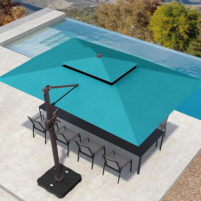 Deconk 10' X 13' Patio Umbrella with LED Lights Outdoor Cantilever Large Rectangle Offset Umbrellas Heavy Duty Aluminum Double Top with 360-degree Rotation for Pool Garden Deck, Turquoise