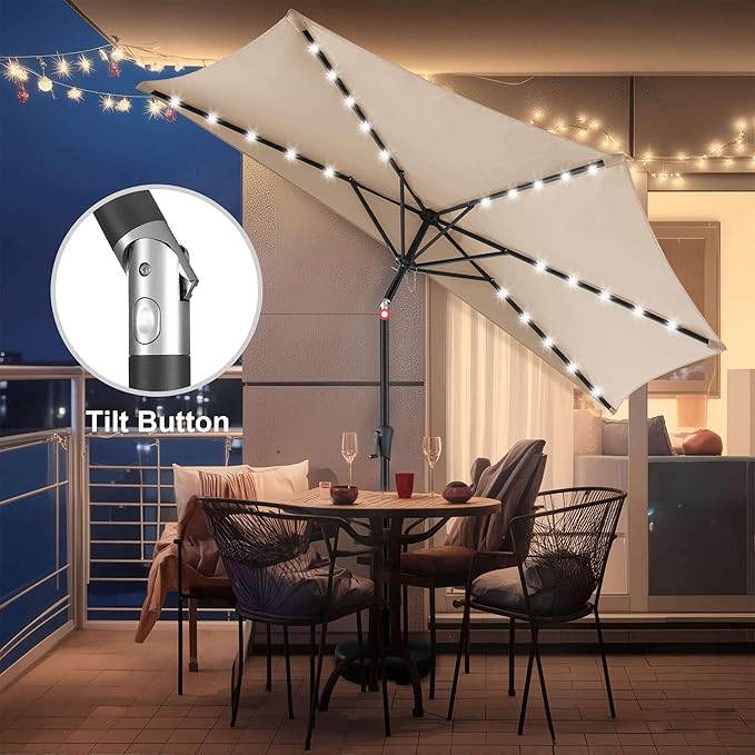 9FT Solar Half Umbrellas Outdoor - LED Half Patio Umbrella with 25 Lights, UV Protection Waterproof, Half Round Umbrella for Wall Balcony, Pool, Porch, Garden, Deck, Backyard, Beige