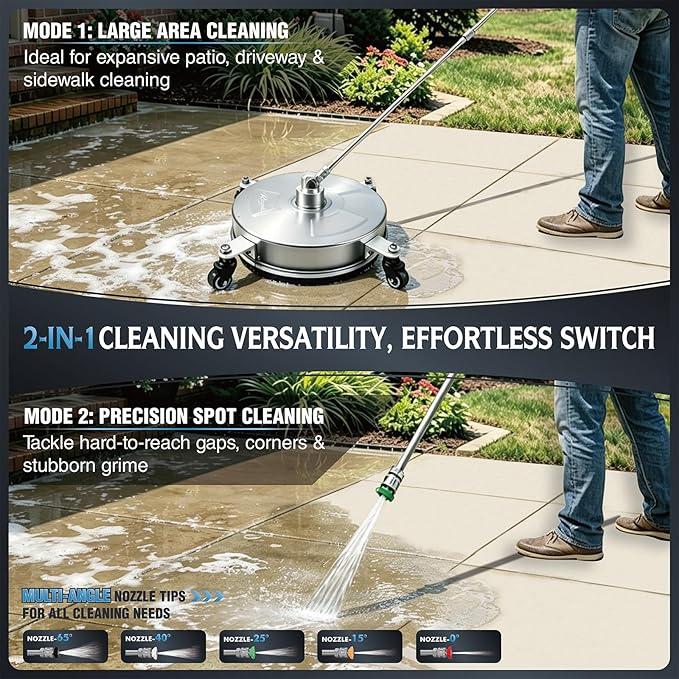 RAYNEL 14'' Pressure Washer Surface Cleaner with 4 Wheels, Stainless Steel Housing, 1/4" Quick Plug, 2 Extended Wands, 2 Replacement Nozzles