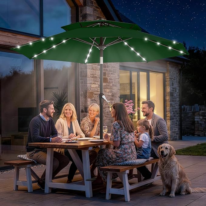AreShark 9ft 2 Tiers Patio Umbrella with Solar Lights, Outdoor Umbrella w/ 32 LED Lights&8 Sturdy Ribs, Table Umbrella for Deck, Backyard, Pool(Dark Green)