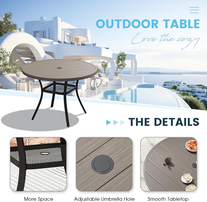 5 Pieces Patio Furniture Dining Set, 4 Textilene Swivel Dining Chairs, 41" Outdoor Round Metal Table with Storage Shelf and 1.57" Umbrella Hole, Outdoor Dining Set for Porch, Lawn, Grey/Sand