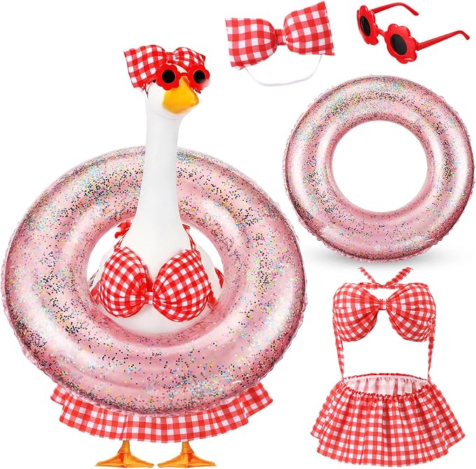Bikini Porch Goose Outfits with Sunglasses and Swimming Tube for 23" Summer Goose Costume Garden Patio Statue Decor(Red Plaid)