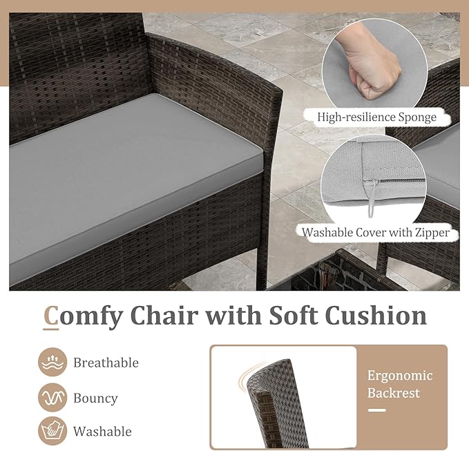 KOTEK 4 Piece Patio Furniture Set, Outdoor Rattan Conversation Set with Loveseat, Wicker Chairs, Tempered Glass Coffee Table, Wicker Patio Set for Backyard, Porch (Grey)