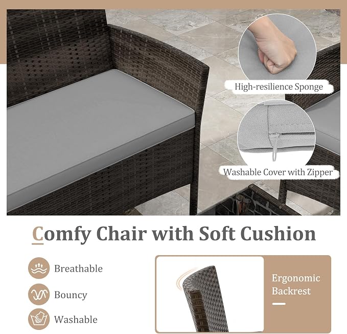 4 Piece Patio Furniture Set, Sectional Conversation Sofa Set with Glass Coffee Table, Cushions & Loveseat, Wicker Outdoor Table and Chairs for Pool, Garden, Deck, Backyard (1, Grey)