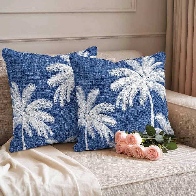 Outdoor Pillow Covers 20x20 Inch Set of 2, Navy Blue Palm Trees Waterproof Throw Pillow Covers, Farmhouse Tropical Summer Beach Decorative Cushion Pillowcases for Couch, Sofa, Bed, Garden, Patio
