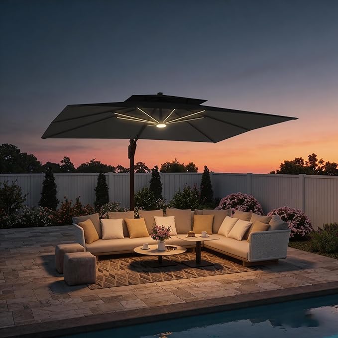 9 X 12 FT Cantilever Outdoor Patio Umbrella with LED Lights Large Heavy Duty 360° Rotation Double Top Offset Rectangular Umbrellas for Backyard Garden Pool Outside Deck, Black