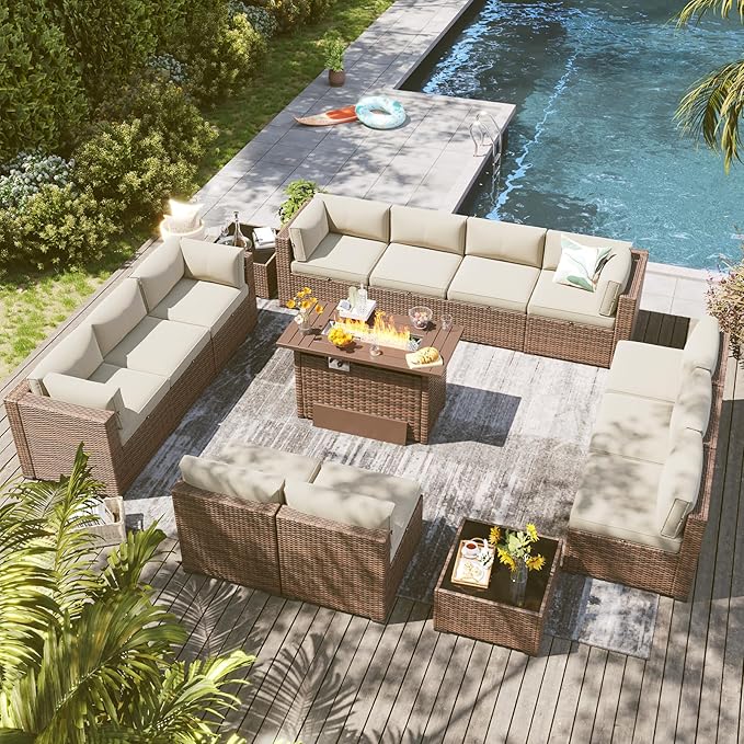 LazySunsets 15 Piece Outdoor Patio Furniture Set with 44'' Fire Pit Table, Outdoor Patio Furniture Set with Waterproof Cover, Wicker Rattan Outdoor Conversation Set for Backyard & Garden, Beige