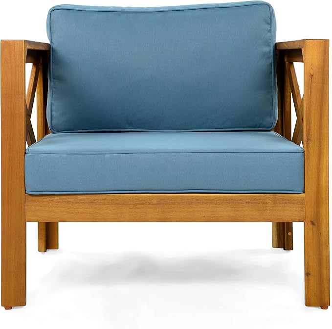 Christopher Knight Home Lucy Acacia Wood Outdoor Patio Furniture Set, 3 Pieces Patio Set, Round Side Table and ArmChairs Conversation Set with Cushion for Garden Lawn Balcony, Blue + Light Teak