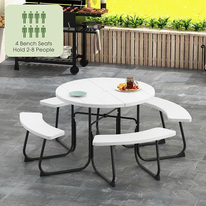 Giantex Picnic Table Set for Up to 8 Persons, Round Outdoor Table and Bench Set with Umbrella Hole, HDPE Top & Metal Frame, 2000LBS Capacity, Patio Table Bench for Deck Backyard Garden (White)