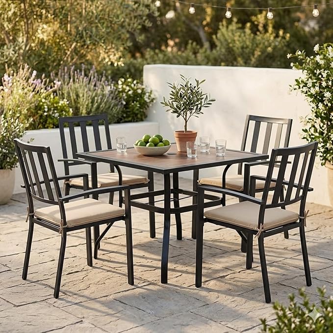 Kozyard 37" Square Outdoor Dining Table for 4, Patio Table with Umbrella Hole, Heavy Duty Steel Frame & Wood-Look Top, Weather Resistant Patio Table for Backyard, Balcony, Garden Black