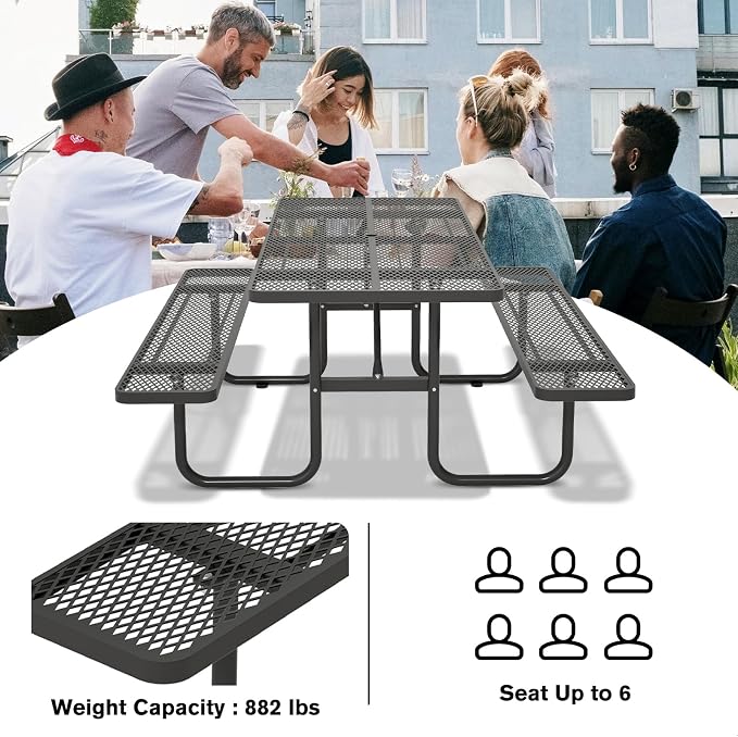 Picnic Tables for Outdoors with Umbrella Hole-Coated Steel Heavy Duty Commercial Grade Table with Seats,Commercial Metal Picnic Tables,Heavy Rectangular Furniture Set for a Lifetime (Black)