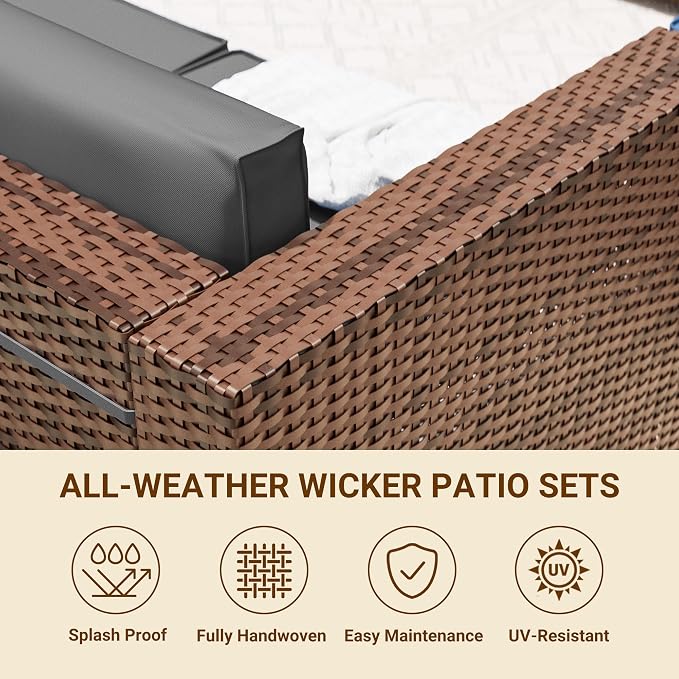 Patio Furniture Set with 44'' Propane Gas Firepit Table, 8 PCS Modular Outdoor Sectional Conversation Sets, All-Weather Wicker Patio Set for Backyard, Grey (Waterproof Covers Included)
