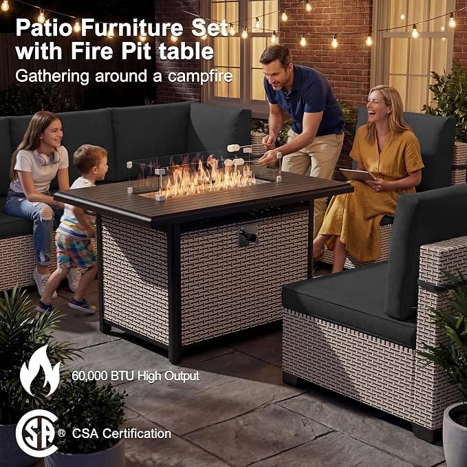 Patio Furniture Set, 11-Piece Outdoor Sectional Sofa with Swivel Rocker Chairs & Fire Pit Table, Wicker Patio Conversation Set with Coffee Table, Black Cushions
