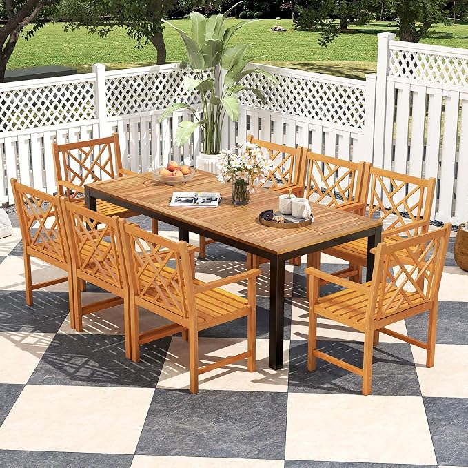 Tangkula 9 Piece Outdoor Dining Set, Outdoor Rectangular Patio Table with Umbrella Hole & Heavy-Duty Metal Frame and 8 Acacia Wood Armchairs, for Porch, Garden, Backyard, Balcony