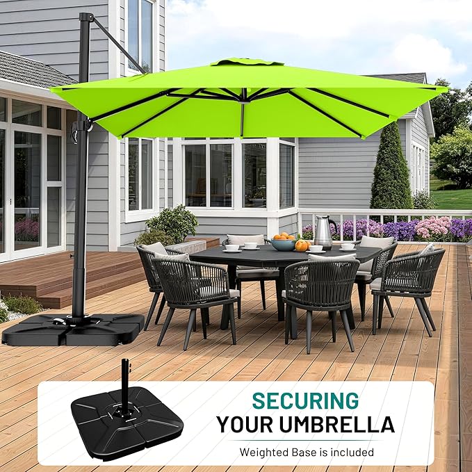 AreShark 10 × 10FT Square Cantilever Patio Umbrella with Base Included, 360° Rotation Offset Outdoor Umbrella, 5 Tilt Settings Heavy Duty Hanging Parasol for Deck Garden Pool, Apple Green