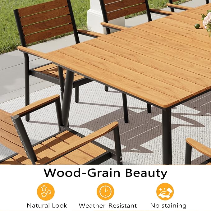 9-Piece Outdoor Dining Set for 8 Person with Teak Wood-Grain Top | Armrest Stackable Chairs with 19.4" Seat Depth, Aluminum Frame Dining Furniture with Umbrella Hole for Deck, Porch & Backyard