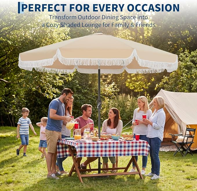 Garvee 10FT Fringe Patio Umbrella with Crank Handle, Push Button Tilt for Sun Shade, 8 Fiberglass Ribs, 1.5"D Premium Steel Pole, Outdoor Large Tassel Umbrella for Patio Beach Pool Backyard, 10' Beige