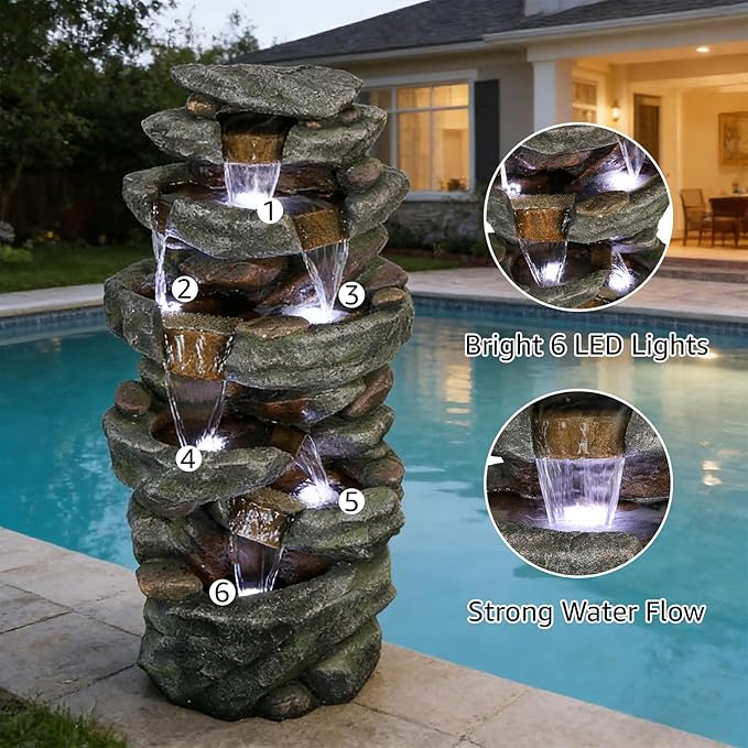 Naturefalls 40.55inches High Outdoor Rock Water Fountain with LED Lights - 6-Tiers Poly-Resin Cascading Waterfall Fountain for Garden, Patio, Yard, Home Decor