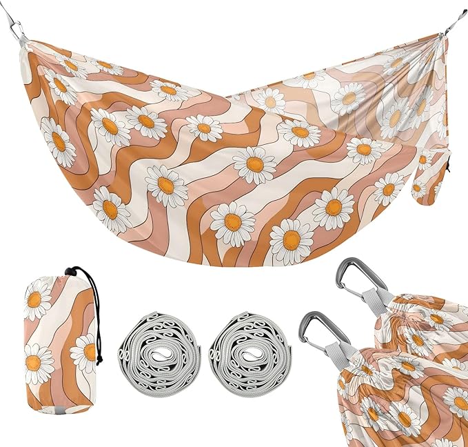 Camping Hammock Outdoor Hammocks for Outside Orange White Striped Daisy Beach Trees Portable Lightweight with Pockets Tree Straps Indoor