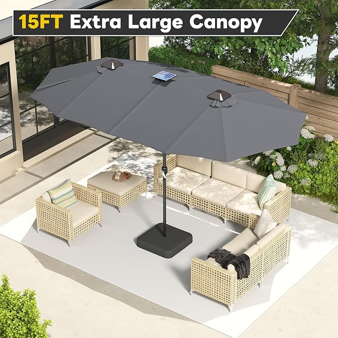 AECOJOY 15ft Double-Sided Patio Umbrella with Solar Lights, Outdoor Rectangle Market Large Patio Umbrella with Base Include|Crank Handle|156 PCS LED Lights for Garden Deck Pool in Grey(1.9" Pole)