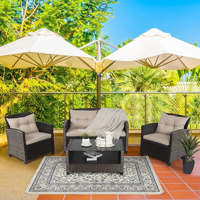 Tangkula 4-Piece Outdoor Rattan Furniture Set, PE Rattan Wicker Sectional Sofa with Loveseat Chair & Glass Table, Patio Cushioned Conversation Sets for Backyard Porch Garden Poolside (1, Brown)
